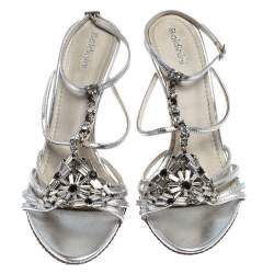 Pre Owned Baldinini Metallic Silver Leather Crystal Embellised Ankle Sandals Size 39