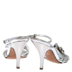 Pre Owned Baldinini Metallic Silver Leather Crystal Embellised Ankle Sandals Size 39