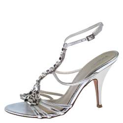Pre Owned Baldinini Metallic Silver Leather Crystal Embellised Ankle Sandals Size 39