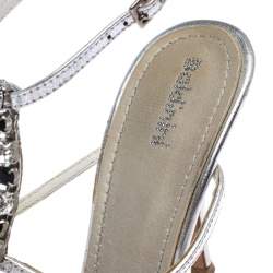 Pre Owned Baldinini Metallic Silver Leather Crystal Embellised Ankle Sandals Size 39