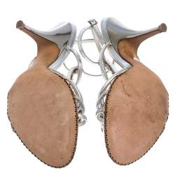 Pre Owned Baldinini Metallic Silver Leather Crystal Embellised Ankle Sandals Size 39