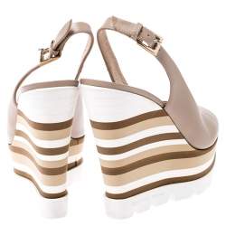 Baldinini Beige Leather Wedge Peep Toe Slingback Sandals Size 38.5