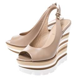 Baldinini Beige Leather Wedge Peep Toe Slingback Sandals Size 38.5