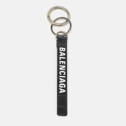 Balenciaga Dark Grey Crocodile Embossed Leather Logo Key Chain