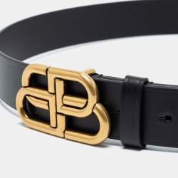 Pre Owned Balenciaga Black Leather BB Buckle Belt 90CM
