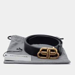 Pre Owned Balenciaga Black Leather BB Buckle Belt 90CM