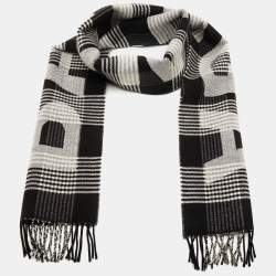 Balenciaga Black and White Wool Checked Intarsia Fringed Scarf