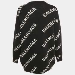 Balenciaga Black Allover Logo Jacquard Wool Crew Neck Oversized Jumper XS