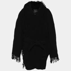 Balenciaga Black Wool Fringe Edge Hooded Cardi Coat M