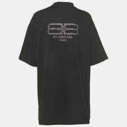 Pre Owned Balenciaga Black Logo Studded Cotton Knit Oversized Unisex T-Shirt M