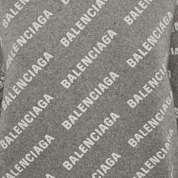 Pre Owned Balenciaga Grey Logo All-Over Print Cashmere Crewneck Sweater S