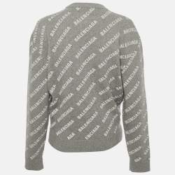 Pre Owned Balenciaga Grey Logo All-Over Print Cashmere Crewneck Sweater S