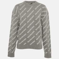 Pre Owned Balenciaga Grey Logo All-Over Print Cashmere Crewneck Sweater S