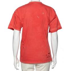 Pre Owned Balenciaga Red Distressed Stonewashed Cotton Logo Printed T-Shirt XXS