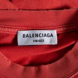 Pre Owned Balenciaga Red Distressed Stonewashed Cotton Logo Printed T-Shirt XXS