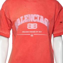 Pre Owned Balenciaga Red Distressed Stonewashed Cotton Logo Printed T-Shirt XXS