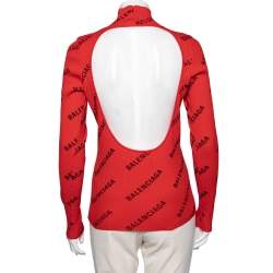 Pre Owned Balenciaga Red Logo Allover Knitwear Turtleneck Top XL