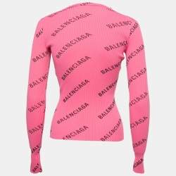 Pre Owned Balenciaga Pink All Over Logo Print Ribbed Knit Pullover XS