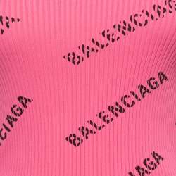 Pre Owned Balenciaga Pink All Over Logo Print Ribbed Knit Pullover XS