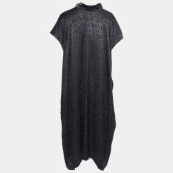 Pre Owned Balenciaga Black Logo Print Silk Button Front Oversized Shirt Midi Dress M