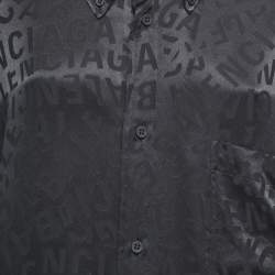 Pre Owned Balenciaga Black Logo Print Silk Button Front Oversized Shirt Midi Dress M