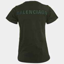 Pre Owned Balenciaga Dark Green Logo Embroidered Cotton Half Sleeve T-Shirt S