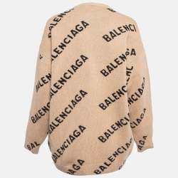 Pre Owned Balenciaga Brown All Over Logo Wool Knit Crew Neck Jumper M