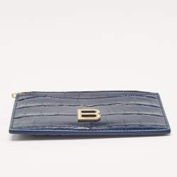 Pre Owned Balenciaga Blue Croc Embossed Leather Zip Card Case