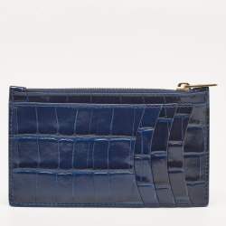 Pre Owned Balenciaga Blue Croc Embossed Leather Zip Card Case