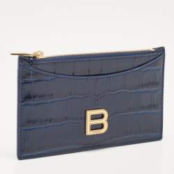 Pre Owned Balenciaga Blue Croc Embossed Leather Zip Card Case