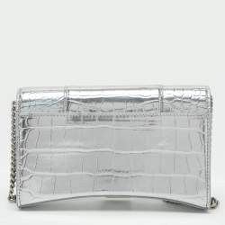 Balenciaga Silver Croc Embossed Leather Hourglass Wallet On Chain
