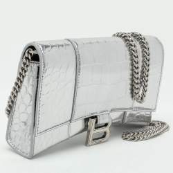 Balenciaga Silver Croc Embossed Leather Hourglass Wallet On Chain