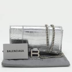 Balenciaga Silver Croc Embossed Leather Hourglass Wallet On Chain