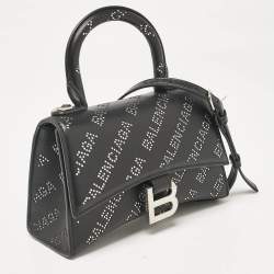 Pre Owned Balenciaga Black Leather XS Diagonal Logo Crystal Hourglass Top Handle Bag