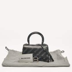 Pre Owned Balenciaga Black Leather XS Diagonal Logo Crystal Hourglass Top Handle Bag