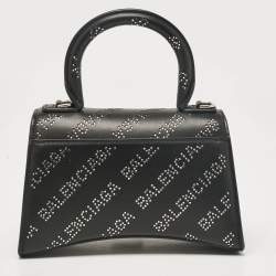 Pre Owned Balenciaga Black Leather XS Diagonal Logo Crystal Hourglass Top Handle Bag