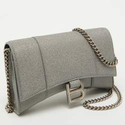 Pre Owned Balenciaga Grey Glitter Fabric XS Hourglass Wallet on Chain
