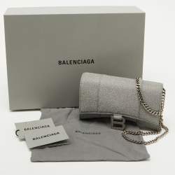 Pre Owned Balenciaga Grey Glitter Fabric XS Hourglass Wallet on Chain
