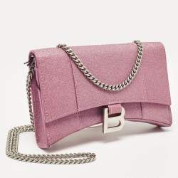Balenciaga Pink Glitter Leather XS Hourglass Wallet on Chain