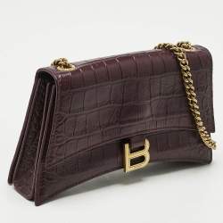 Balenciaga Dark Red Croc Embossed Leather XS Crush Chain Shoulder Bag