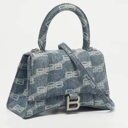 Pre Owned Balenciaga Blue BB Monogram Denim Small Hourglass Top Handle Bag