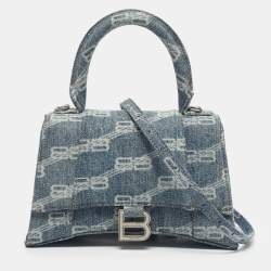 Pre Owned Balenciaga Blue BB Monogram Denim Small Hourglass Top Handle Bag