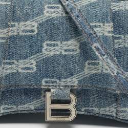 Pre Owned Balenciaga Blue BB Monogram Denim Small Hourglass Top Handle Bag