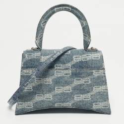 Pre Owned Balenciaga Blue BB Monogram Denim Small Hourglass Top Handle Bag