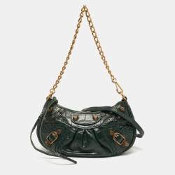 Pre Owned Balenciaga Le Cagole Chain Mini Green Croc Embossed Leather Crossbody Bag