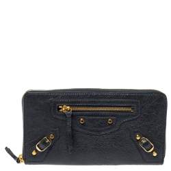 Pre Owned Balenciaga Grey Leather Motocross Classic Zip Continental Wallet