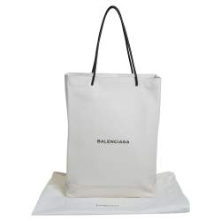 Pre Owned Balenciaga White Leather Medium Logo Print North South Shopper Tote