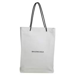 Pre Owned Balenciaga White Leather Medium Logo Print North South Shopper Tote