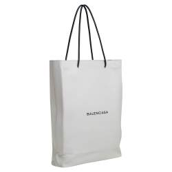 Pre Owned Balenciaga White Leather Medium Logo Print North South Shopper Tote