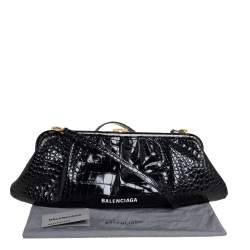 Pre Owned Balenciaga Black Crocodile Embossed Glossy Leather XL Cloud Clutch Bag